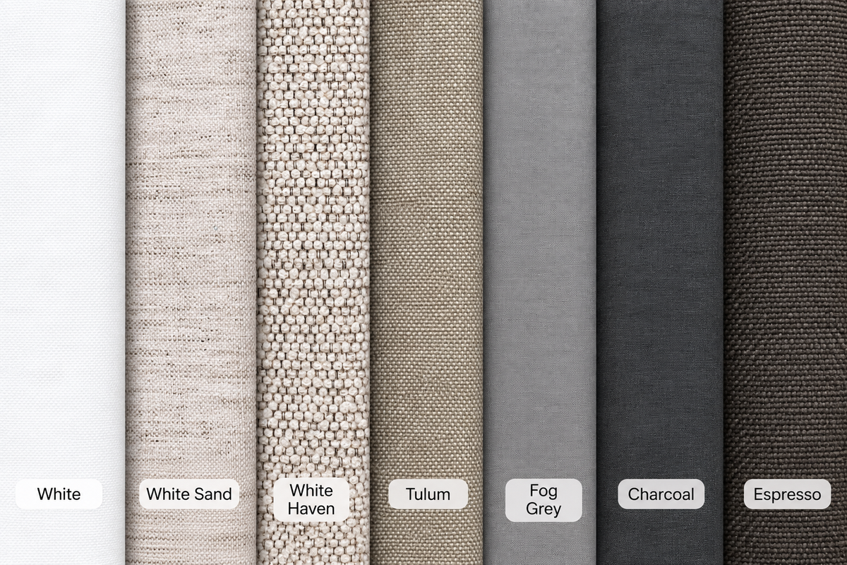 Soulfa Seven vertical fabric swatches in neutral tones labeled White, White Sand, White Haven, Tulum, Fog Grey, Charcoal, and Espresso, shown side by side on a white background.