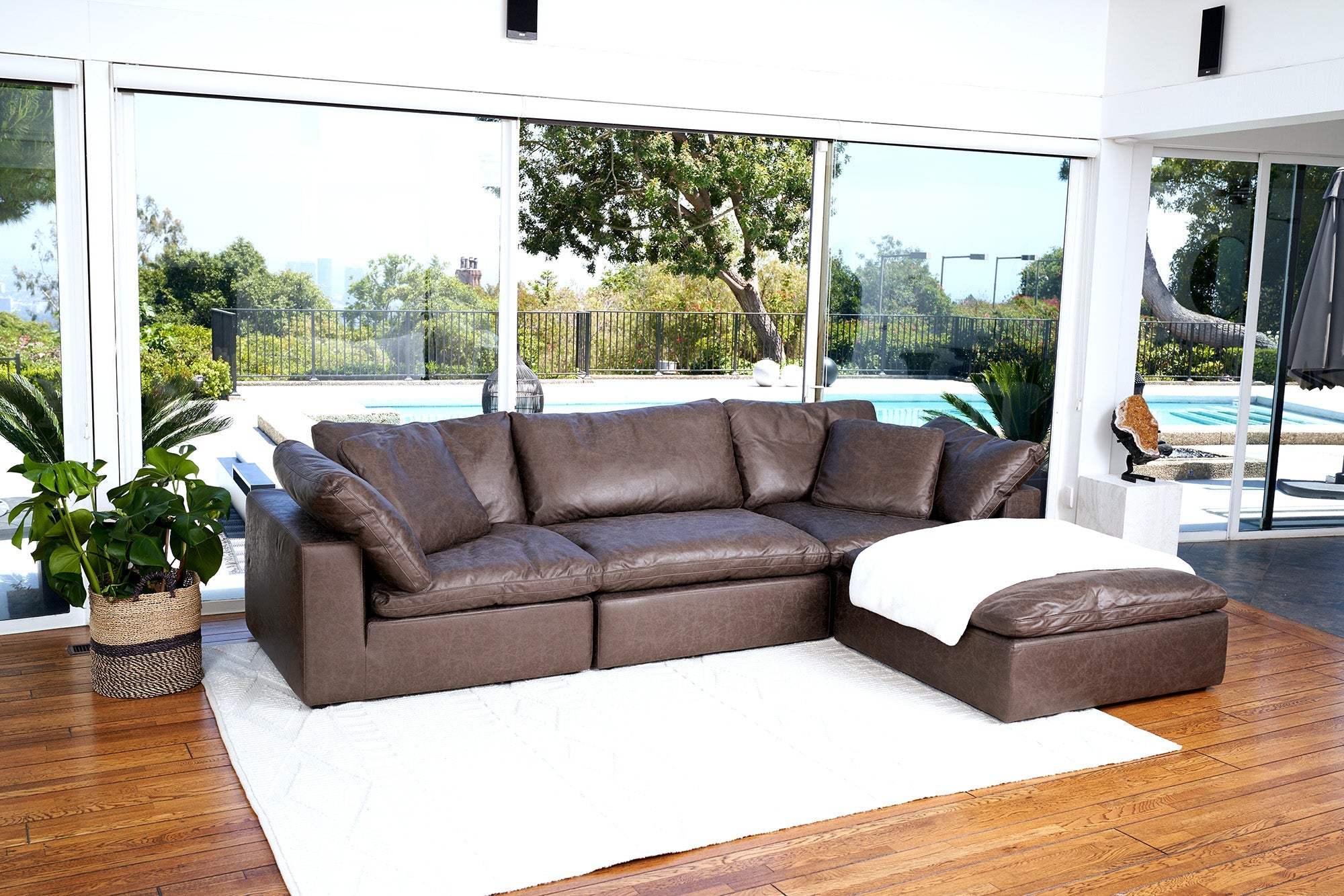 Soulfa 4-Cube Cloud Couch in chestnut leather, modular sectional sofa chaise, non-toxic, stain resistant, washable