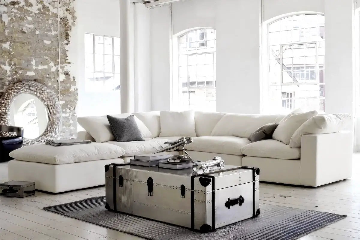 Soulfa 5-Cube Cloud Couch in natural linen modular, non-toxic, stain resistant, washable, sectional sofa converts to movie pit