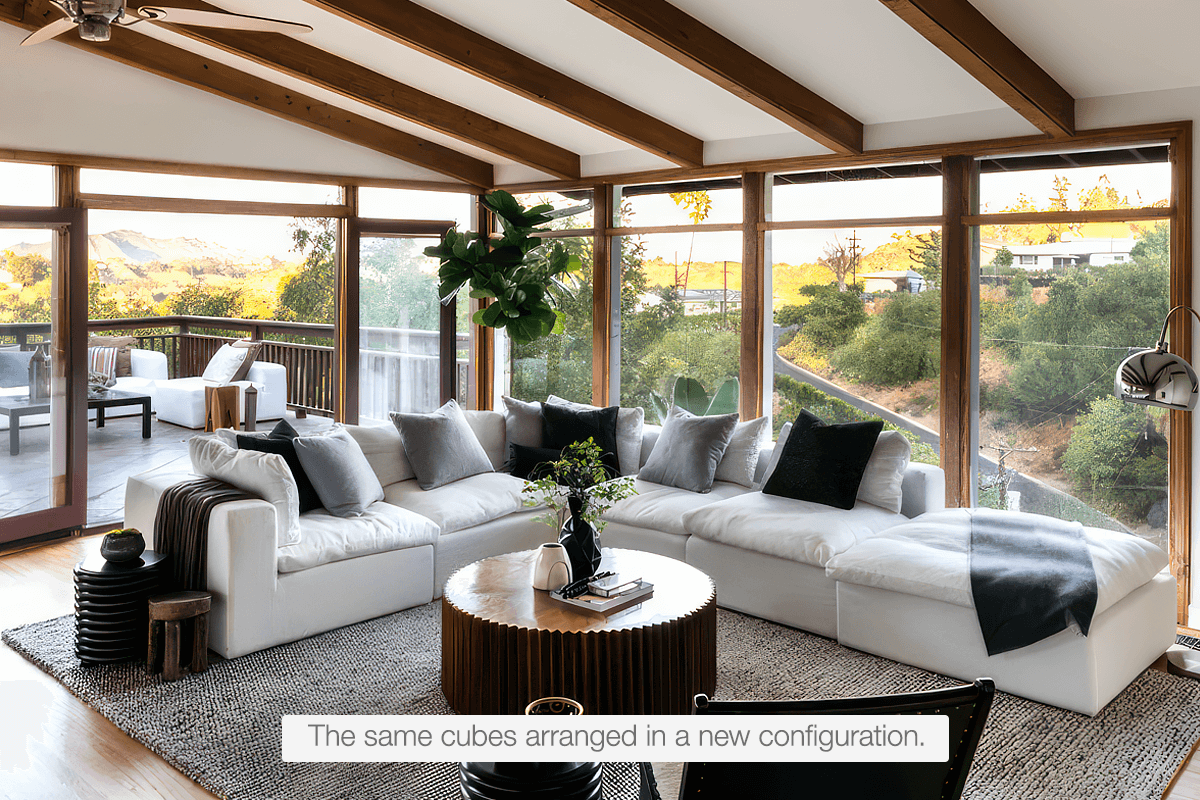 Soulfa 6-Cube Sectional or Movie Pit Cloud Couch in white, modular, non-toxic, stain resistant, washable