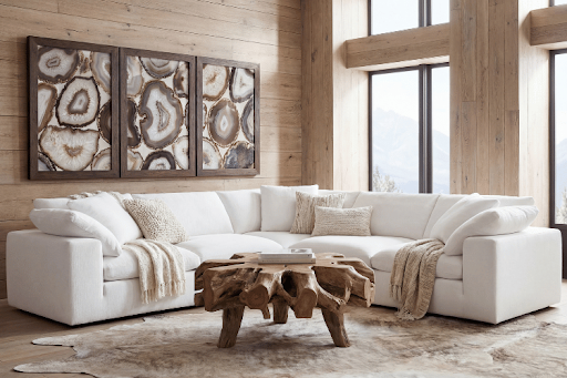 Luxury white modular cloud-style sectional with deep seating, oversized cushions, and a relaxed silhouette in a modern living room, showing what a cloud couch looks like.