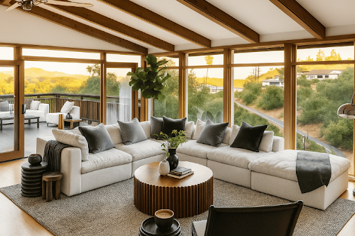 Non toxic couch in sunlit modern living room with modular sectional and natural materials.
