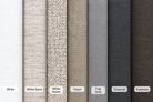 Soulfa Seven vertical fabric swatches in neutral tones labeled White, White Sand, White Haven, Tulum, Fog Grey, Charcoal, and Espresso, shown side by side on a white background.