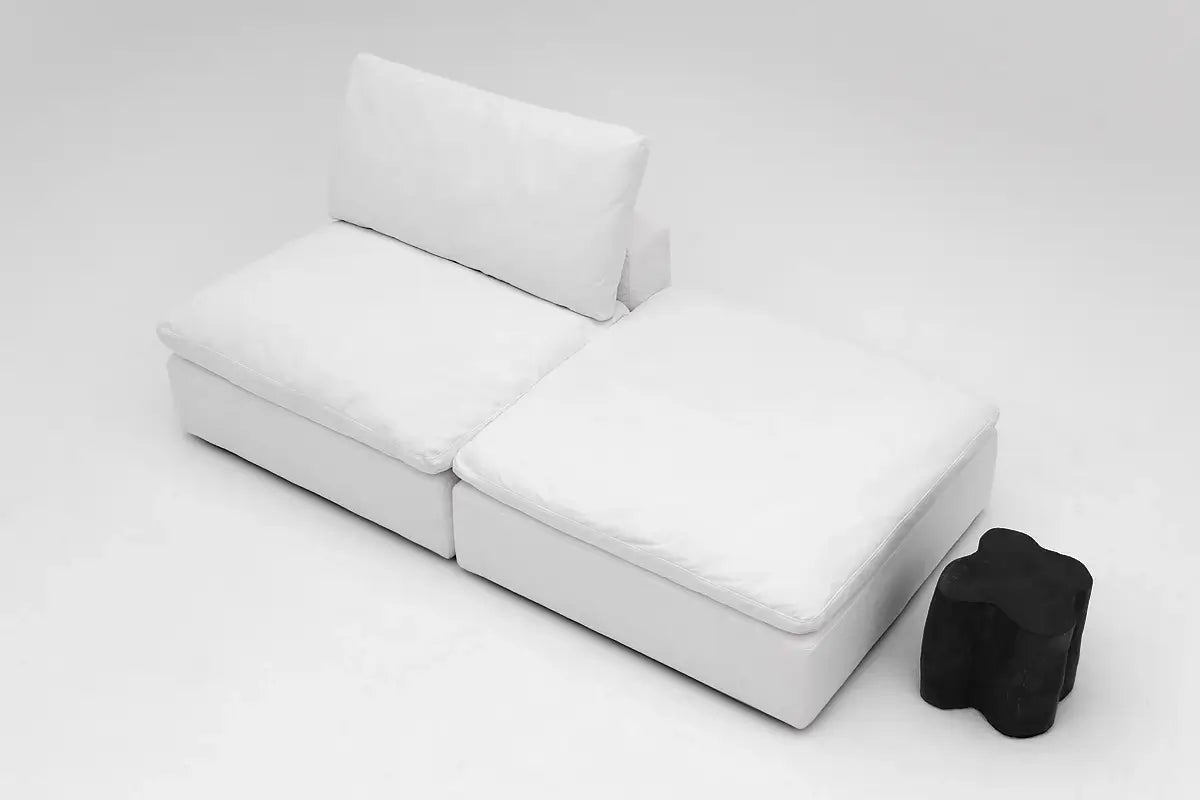 Soulfa 2-Cube Cloud Couch in white, modular, non-toxic, stain resistant, washable, one armless + one ottoman