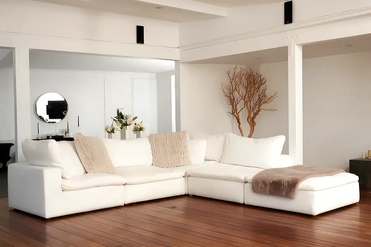 Soulfa 5-Cube Cloud Couch in white, modular, non-toxic, stain resistant, washable, sectional sofa converts to movie pit