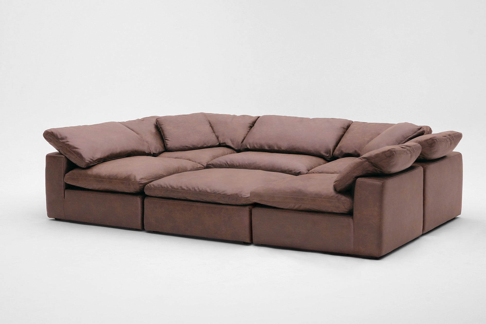 Soulfa 6-Cube Movie Pit or Sectional Cloud Couch in chestnut leather, modular, non-toxic, stain resistant, washable
