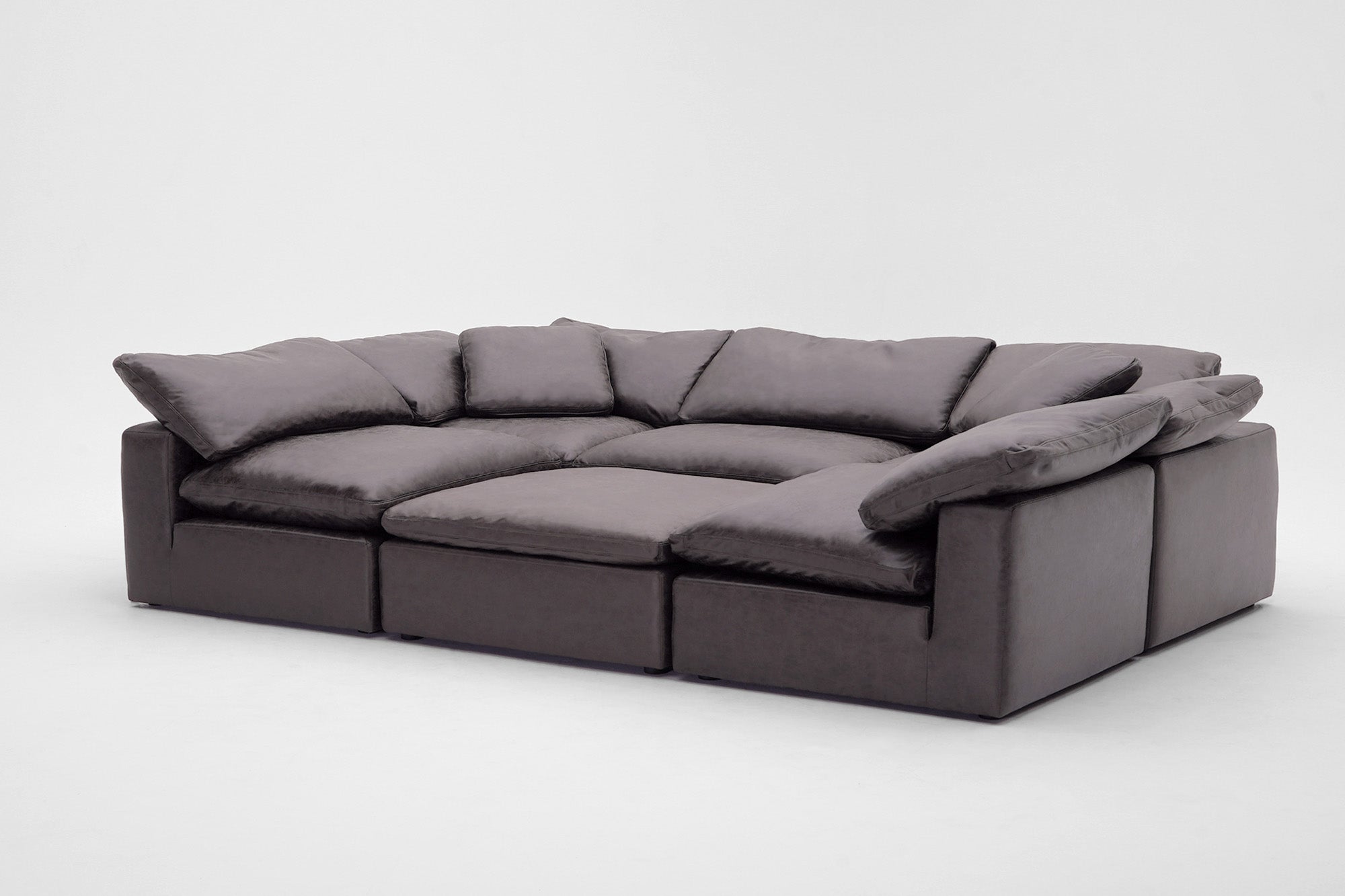 Soulfa 6-Cube Movie Pit or Sectional Cloud Couch in grey leather, modular, non-toxic, stain resistant, washable
